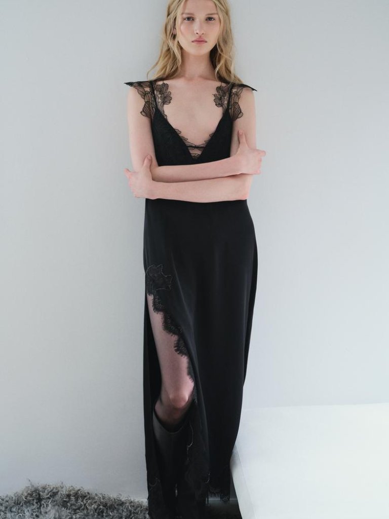 New Zara Zw Collection Lace Lingerie Style Black Slip Maxi Dress Medium Nwot